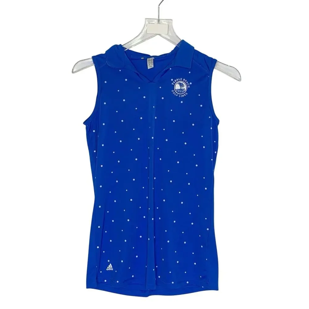 Adidas Girls Sleeveless Golf Polo XL Blue White Polka Dot Pebble Beach Logo